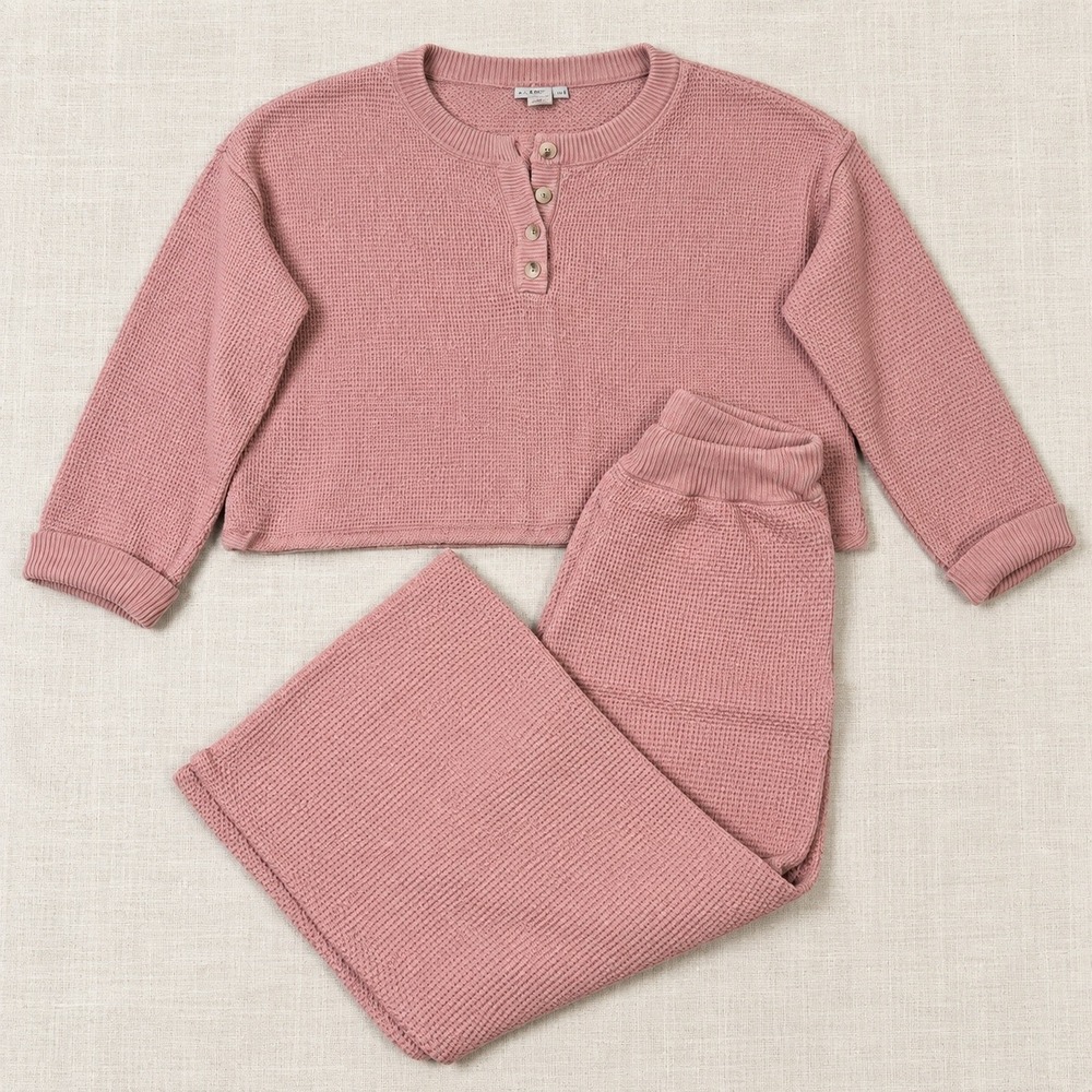 Sincerely Jules Waffle Knit Henley Crop Top and Wide Leg Pants Set Pink L
